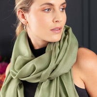 Luxuriously soft merino and silk shawl in khaki twill weave with a soft fine fringe generous size light and airy beautifully warm best-quality