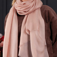 Luxuriously soft merino and silk shawl in rose gold twill weave with a soft fine fringe generous size light and airy beautifully warm best-quality