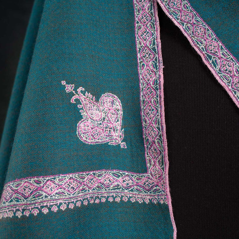 Sozni Hand Embroidered Double Sided Pashmina Teal