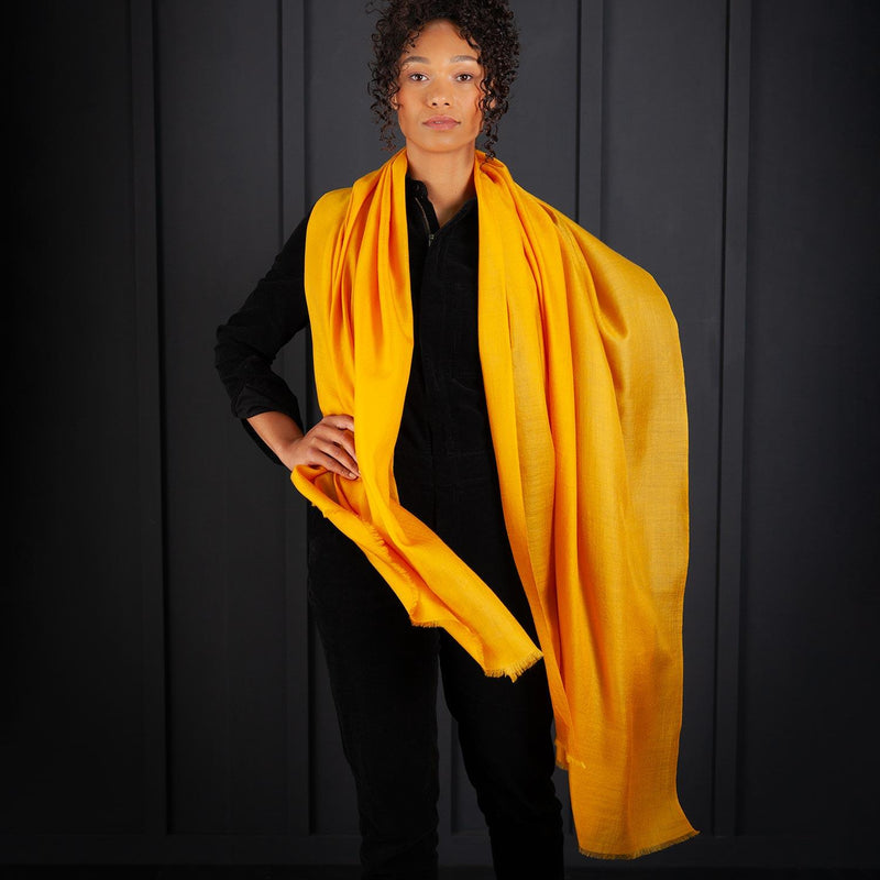 Luxuriously soft merino and silk shawl in mustard twill weave with a soft fine fringe generous size light and airy beautifully warm best-quality By The Wool Company