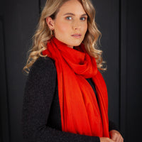 Luxuriously soft merino and silk shawl in terracotta twill weave with a soft fine fringe generous size light and airy beautifully warm best-quality