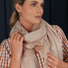 Luxuriously soft merino and silk shawl in latte twill weave with a soft fine fringe generous size light and airy beautifully warm best-quality