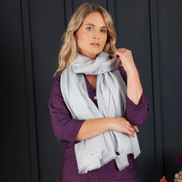 Luxuriously soft merino and silk shawl in silver twill weave with a soft fine fringe generous size light and airy  beautifully warm best-quality By The Wool Company