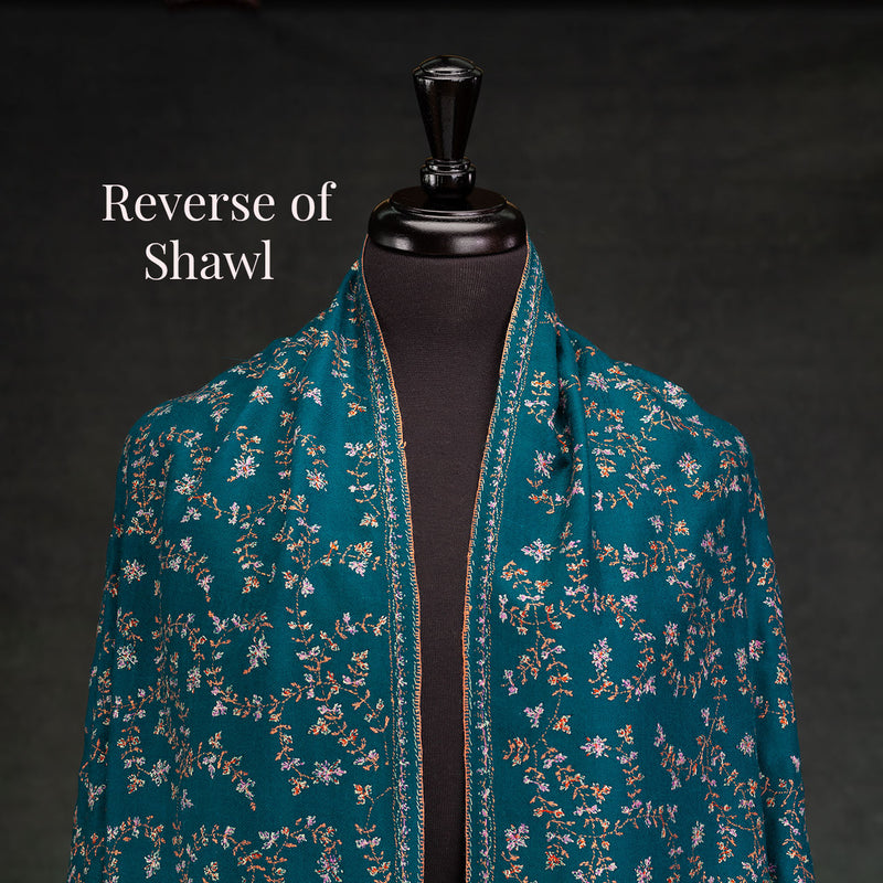 Sozni Hand Embroidered Pashmina Teal Floral