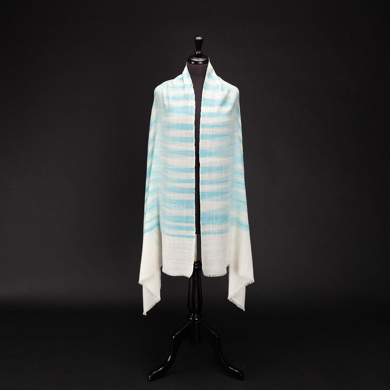 Ikat Pashmina Wrap 'Clouds of Ladakh' Turquoise Stripe