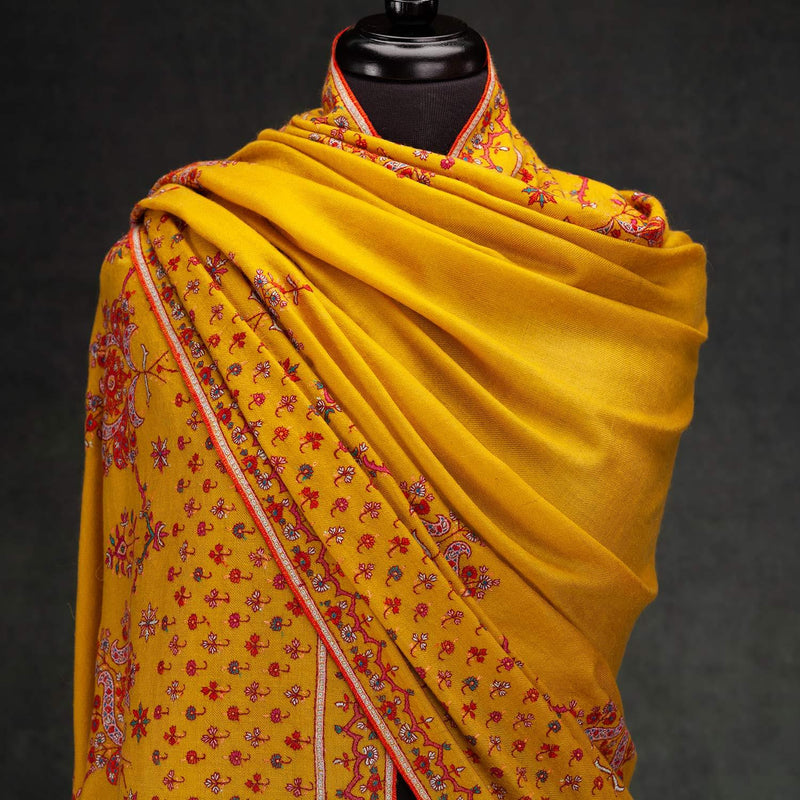 Doardar Sozni Hand Embroidered Cashmere Pashmina Ochre