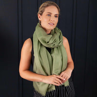 Luxuriously soft merino and silk shawl in khaki twill weave with a soft fine fringe generous size light and airy beautifully warm best-quality By The Wool Company