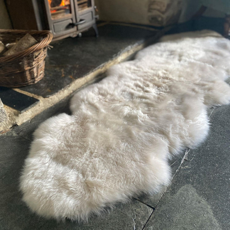 British double Linen colour dyed longwool sheepskin rug soft cream & caramel tones super silky-soft fleece 200 x 70cm approx