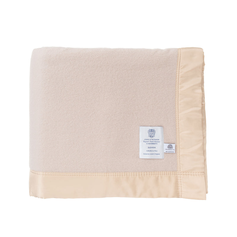 British-made Merino wool blankets medium weight warm traditional satin-style ribbon trim, available in 7 colours