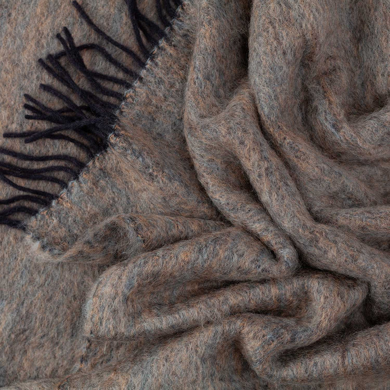 Mohair blend throw lightweight ultra soft & warm tones of brown grey & black plaid weave with tasselled fringe 130 x 200 cm