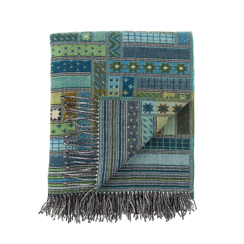 Super-soft Merino lambswool throw stunning unique Italian design multi coloured pattern teal, blue & green130 x 182cm