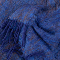 Mohair blend throw lightweight ultra soft & warm deep blue & black tones in a plaid weave with tasselled fringe 130 x 200 cm