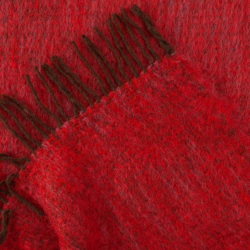 Mohair blend throw lightweight ultra soft & warm rich reds & browns in a plaid weave & brown tasselled fringe 130 x 200 cm