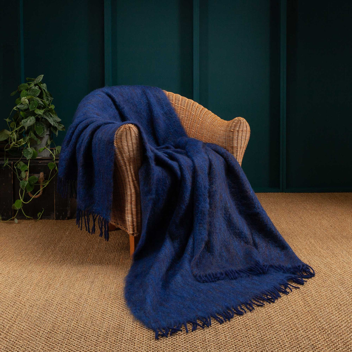 Mohair blend throw lightweight ultra soft & warm deep blue & black tones in a plaid weave with tasselled fringe 130 x 200 cm