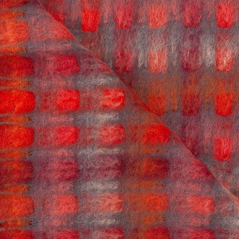 Mohair & Merino blend throw lightweight super soft & warm vibrant reds orange coral & pink in a geometric design 130 x 200 cm