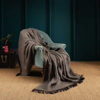 Mohair blend throw lightweight ultra soft & warm tones of brown grey & black plaid weave with tasselled fringe 130 x 200 cm