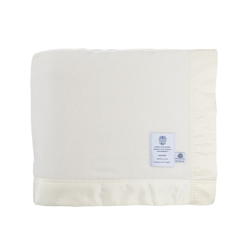 British-made Merino wool blankets medium weight warm traditional satin-style ribbon trim, available in 7 colours