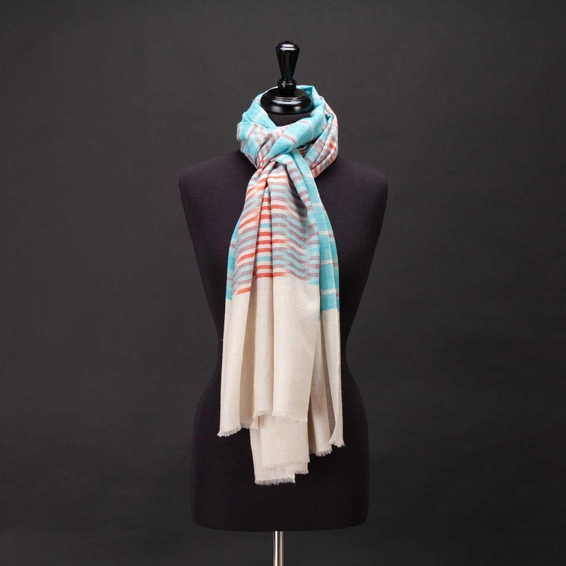 Hand-crafted 100% cashmere pashmina classic design aqua blue & red on a neutral background finest-quality super-soft shawl