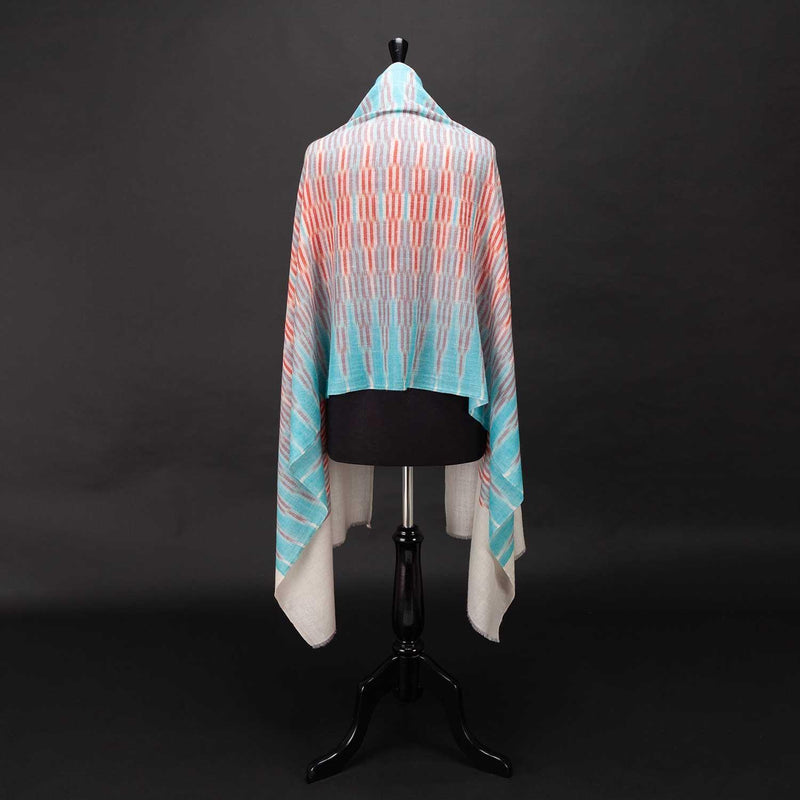 Hand-crafted 100% cashmere pashmina classic design aqua blue & red on a neutral background finest-quality super-soft shawl