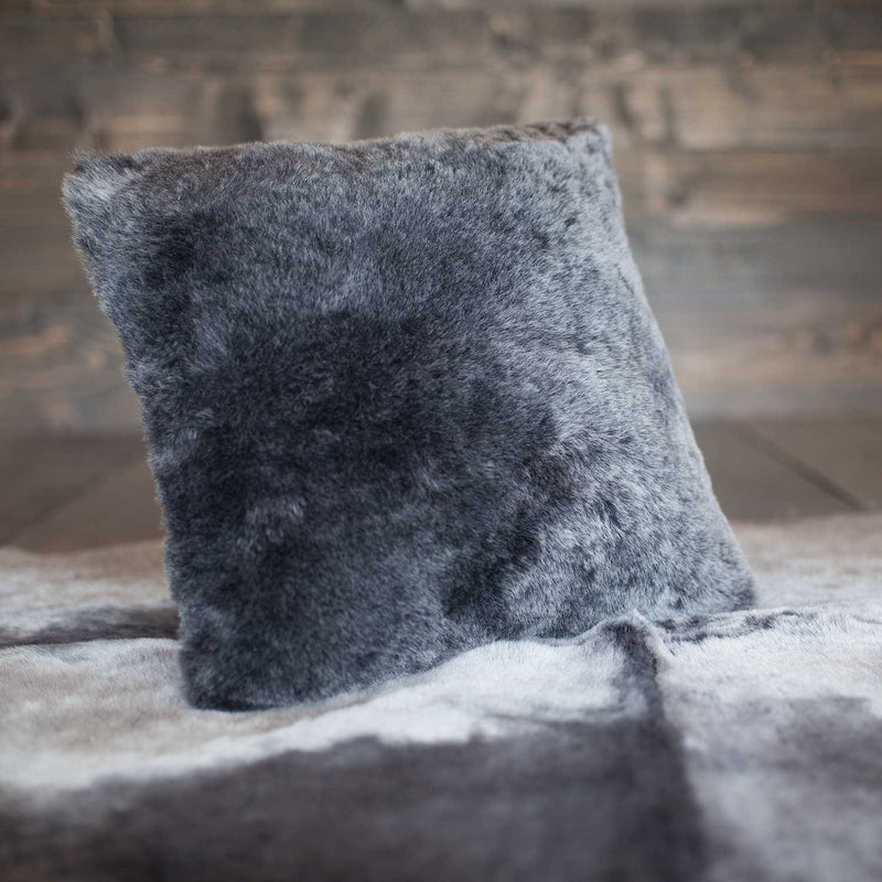 Sumptuous, graphite grey, single-faced natural sheepskin cushion, with cushion pad, super soft and silky shorn fleece 