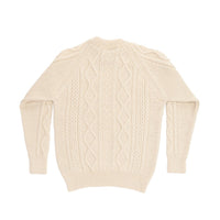 100% British wool traditional classic Aran design sweater in soft cream ecru crew neck made in England top-quality