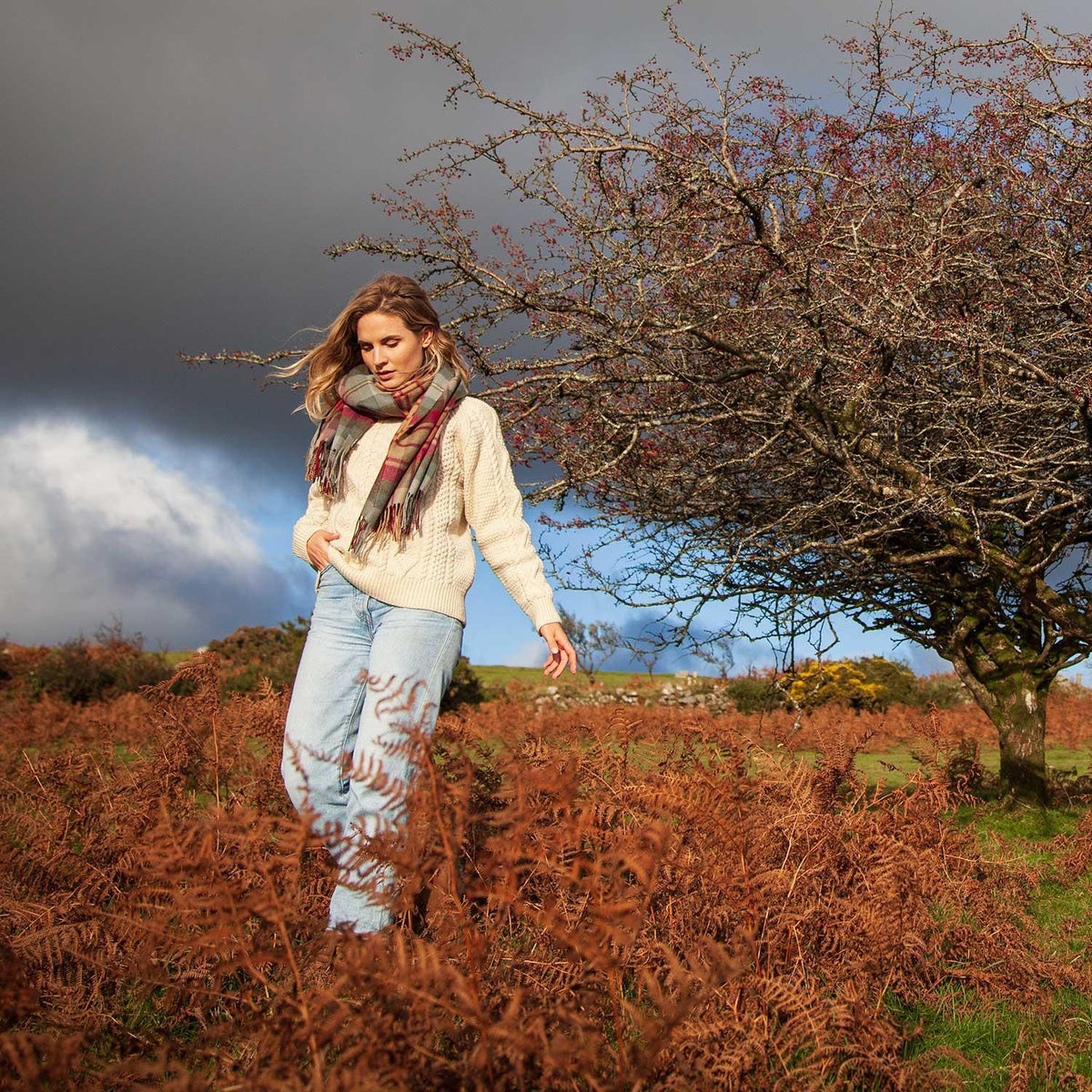 100% British wool traditional classic Aran design sweater in soft cream ecru crew neck made in England top-quality