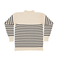 100% British wool vintage style Guernsey sweater in soft cream ecru and navy stripes made in England top-quality