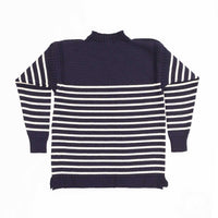 100% British wool vintage style Guernsey sweater in navy blue and soft cream ecru stripes made in England top-quality 