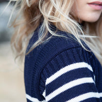 100% British wool vintage style Guernsey sweater in navy blue and soft cream ecru stripes made in England top-quality 