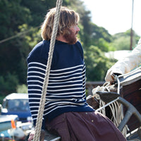 100% British wool vintage style Guernsey sweater in navy blue and soft cream ecru stripes made in England top-quality 