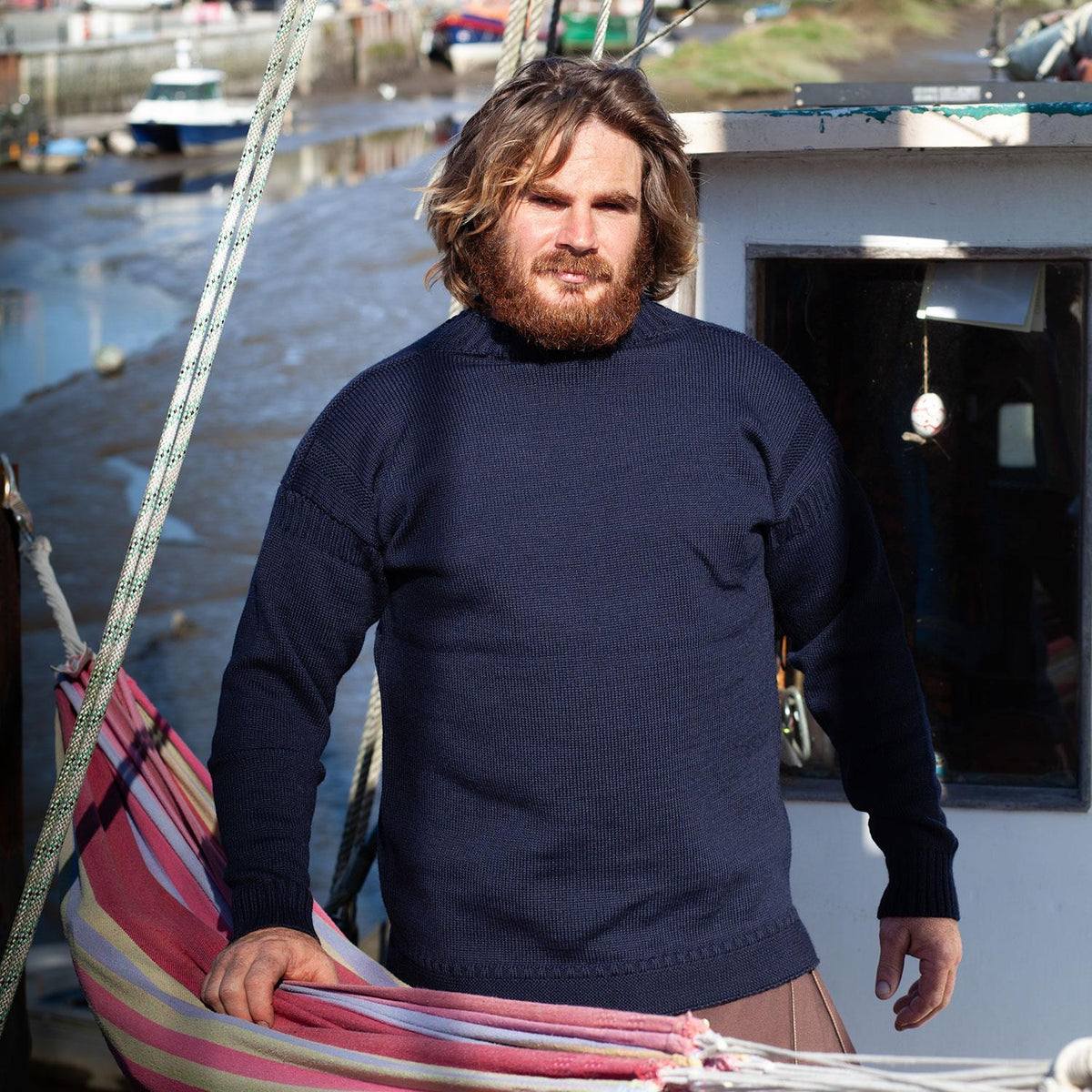 100% British wool vintage style Guernsey sweater in navy blue made in England top-quality classic nautical design