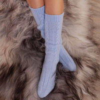 Cashmere cable knit bed socks super-soft powder blue colour in size 4 -7 made in Scotland finest-quality from The Wool Company