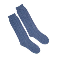 Cashmere cable knit bed socks super-soft denim blue colour in size 8 - 11 made in Scotland finest-quality & luxurious comfort