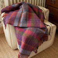 100% pure new wool medium weight throw in autumnal tones of red, mauve, and gold checks top-quality, warm and cosy