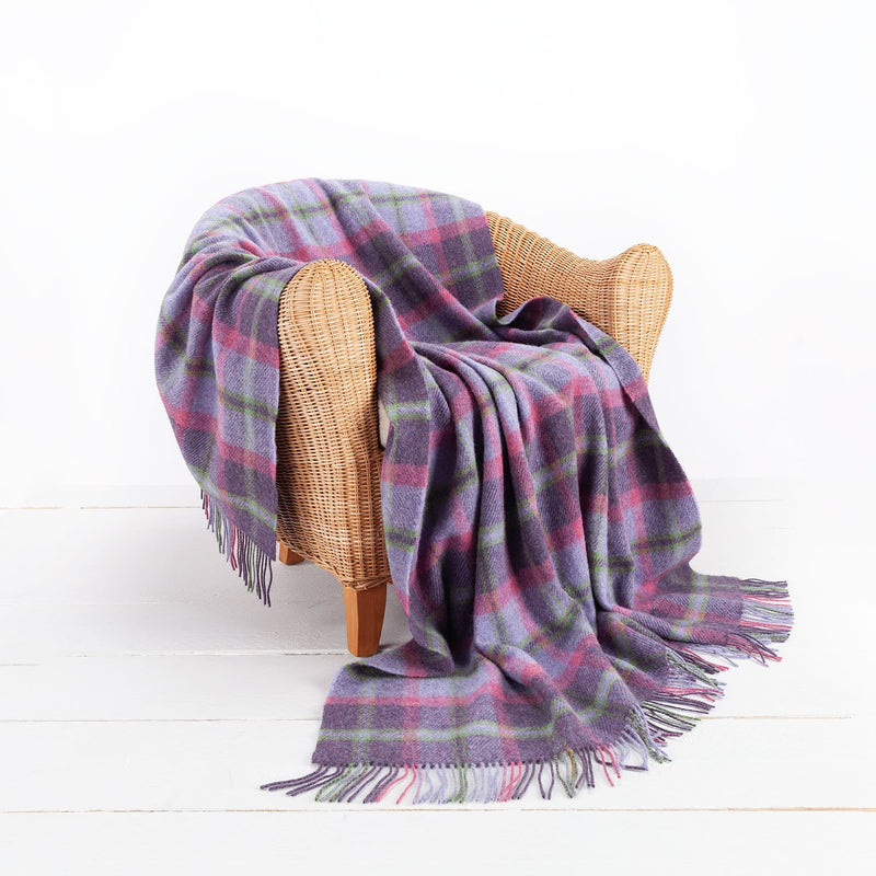 100% pure new wool medium weight check throw in bright and fresh tones of spring top-quality, warm and cosy 