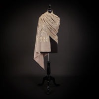 Hand-crafted 100% cashmere pashmina heavily embroidered with gold thread on a beige background finest-quality exquisite shawl