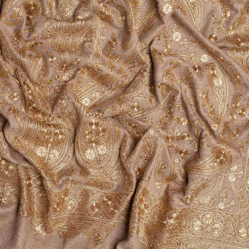 Hand-crafted 100% cashmere pashmina heavily embroidered with gold thread on a beige background finest-quality exquisite shawl