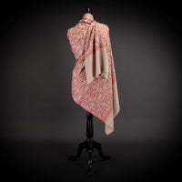 Hand-crafted 100% cashmere pashmina embroidered with red & orange thread on a neutral background finest-quality special shawl