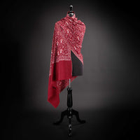 Hand-crafted 100% cashmere pashmina embroidered with white & orange thread on red fabric finest-quality By The Wool Company