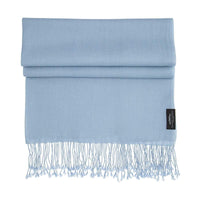 Genuine 100% cashmere pashmina in pale blue with tasselled fringe edge lightweight & warm finest-quality By The Wool Company