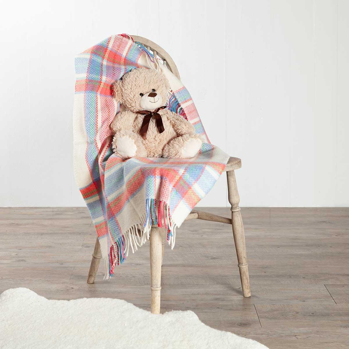 Merino & cashmere blend red pink blue green checks cream background baby blanket with tasselled edge super-soft top-quality