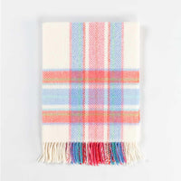 Merino & cashmere blend red pink blue green checks cream background baby blanket with tasselled edge super-soft top-quality