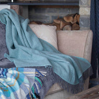 Merino-cashmere blend throw super-soft warm & cosy soft duck egg and grey herringbone pattern top-quality luxury throw 