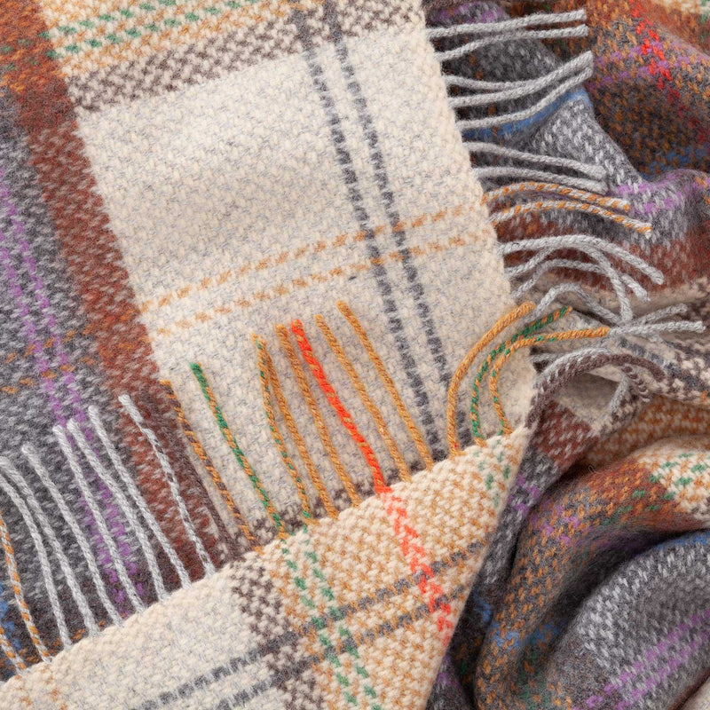  Merino-cashmere blend throw super-soft warm & cosy grey mustard purple chocolate brown & cream plaid check luxury throw 