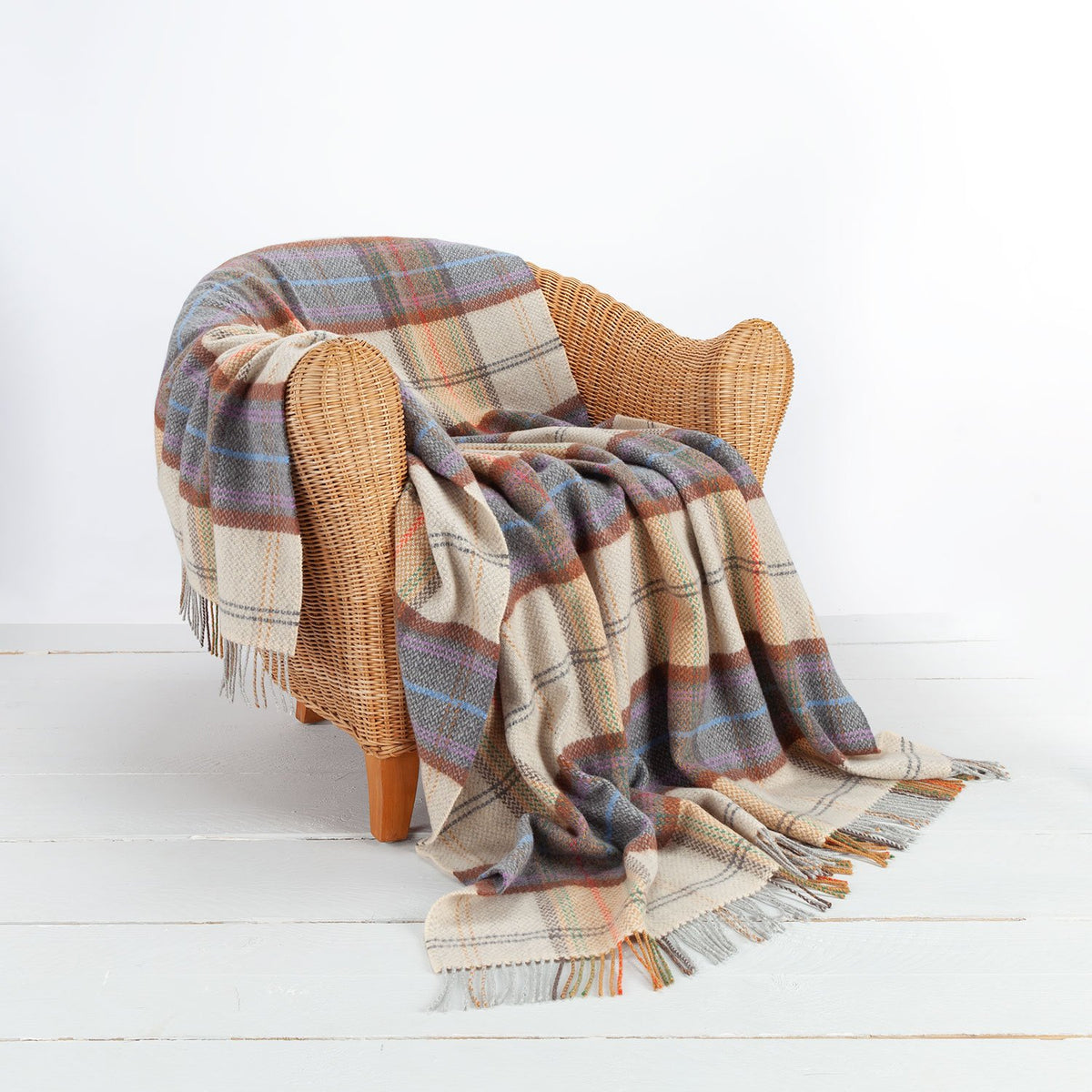  Merino-cashmere blend throw super-soft warm & cosy grey mustard purple chocolate brown & cream plaid check luxury throw 