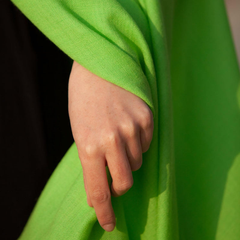 Fine Merino wool shawl in vibrant lime green with a soft fringe edge super-soft generous size lightweight & warm top-quality