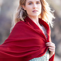 Fine Merino wool shawl in rich russet red with a soft fringe generous size lightweight & warm top-quality By The Wool Company