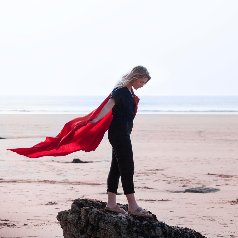 Fine Merino wool shawl in vibrant scarlet with a soft fringe generous size lightweight & warm top-quality By The Wool Company