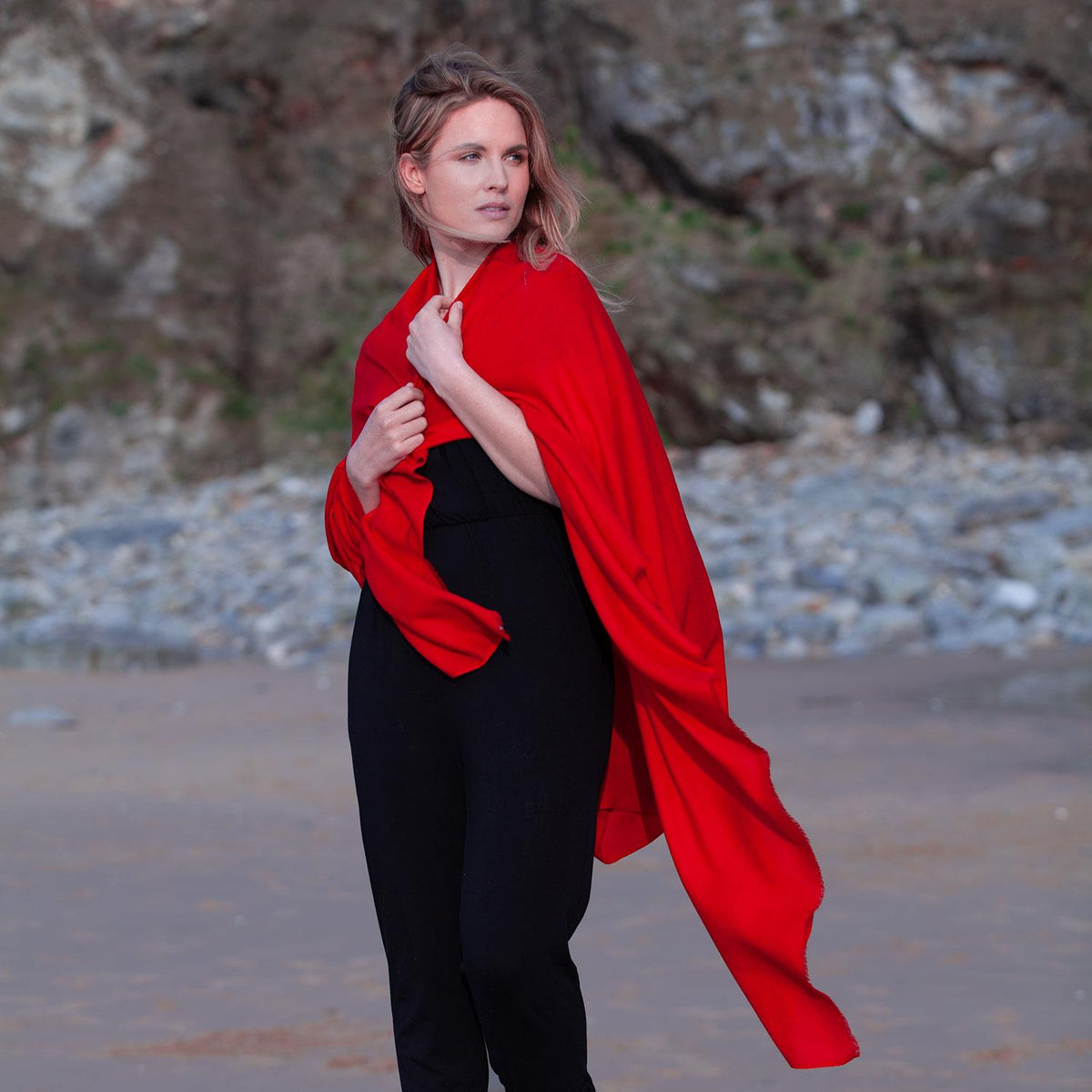 Fine Merino wool shawl in vibrant scarlet with a soft fringe edge super-soft generous size lightweight & warm top-quality