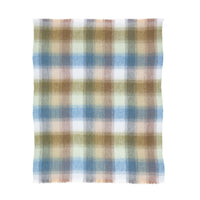 Super-soft, thick luxury mohair throw in natural tones of blue, green & beige checks top quality warm lightweight & cosy